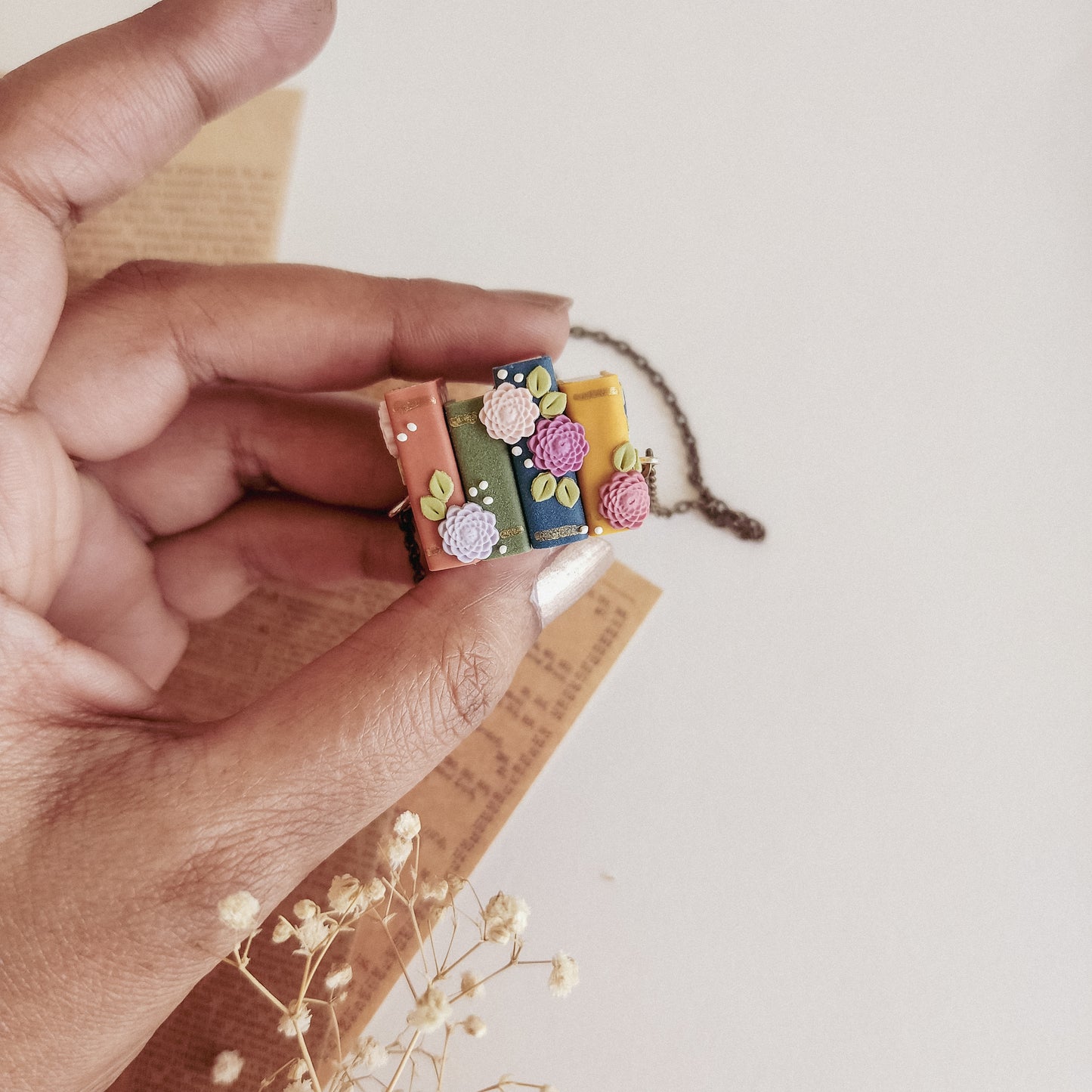 Floral Stack of Books Pendant (Horizontal)