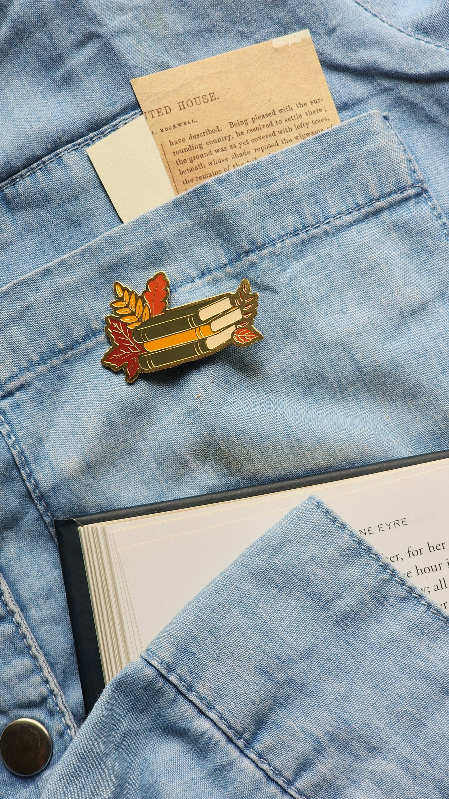 Book Stack with Leaves - Bookish Enamel Pin