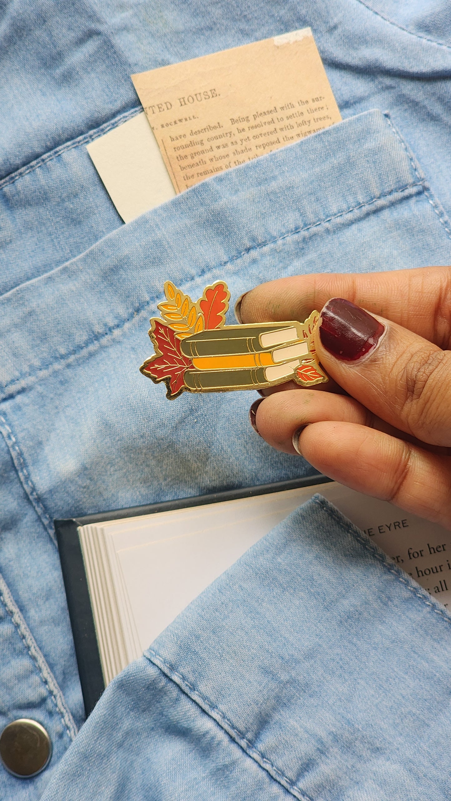 Book Stack with Leaves - Bookish Enamel Pin
