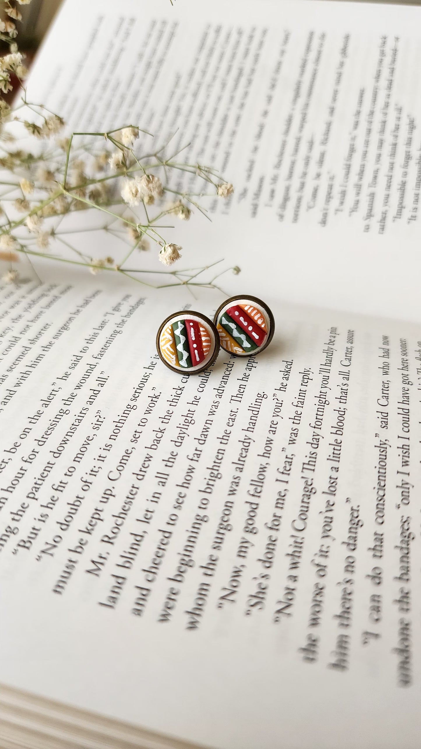 Embroidered Book Spine Earrings| Handmade Polymer Clay Studs