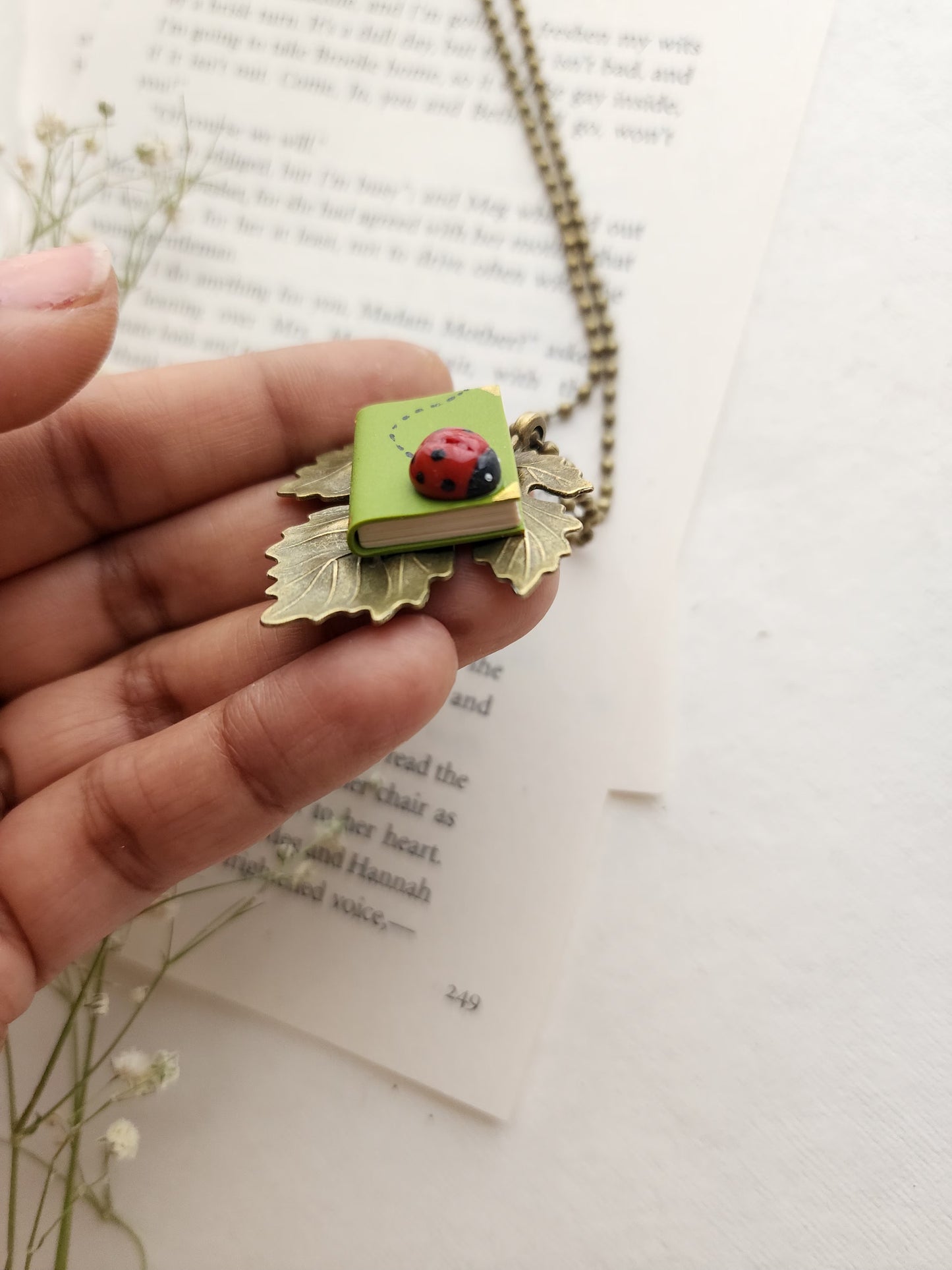 Leaf Pendant with Mini Book & Ladybug