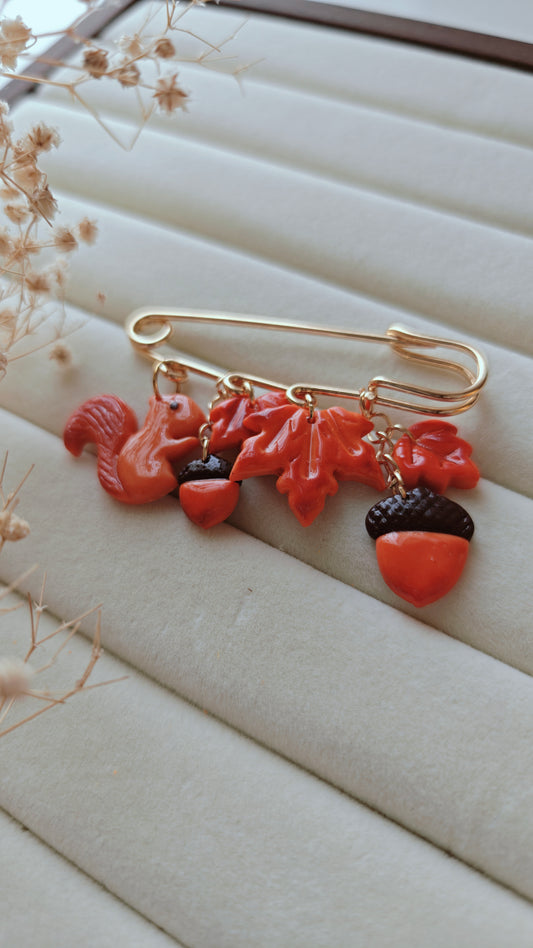 Squirrel & Leaves Autumn Brooch Pin