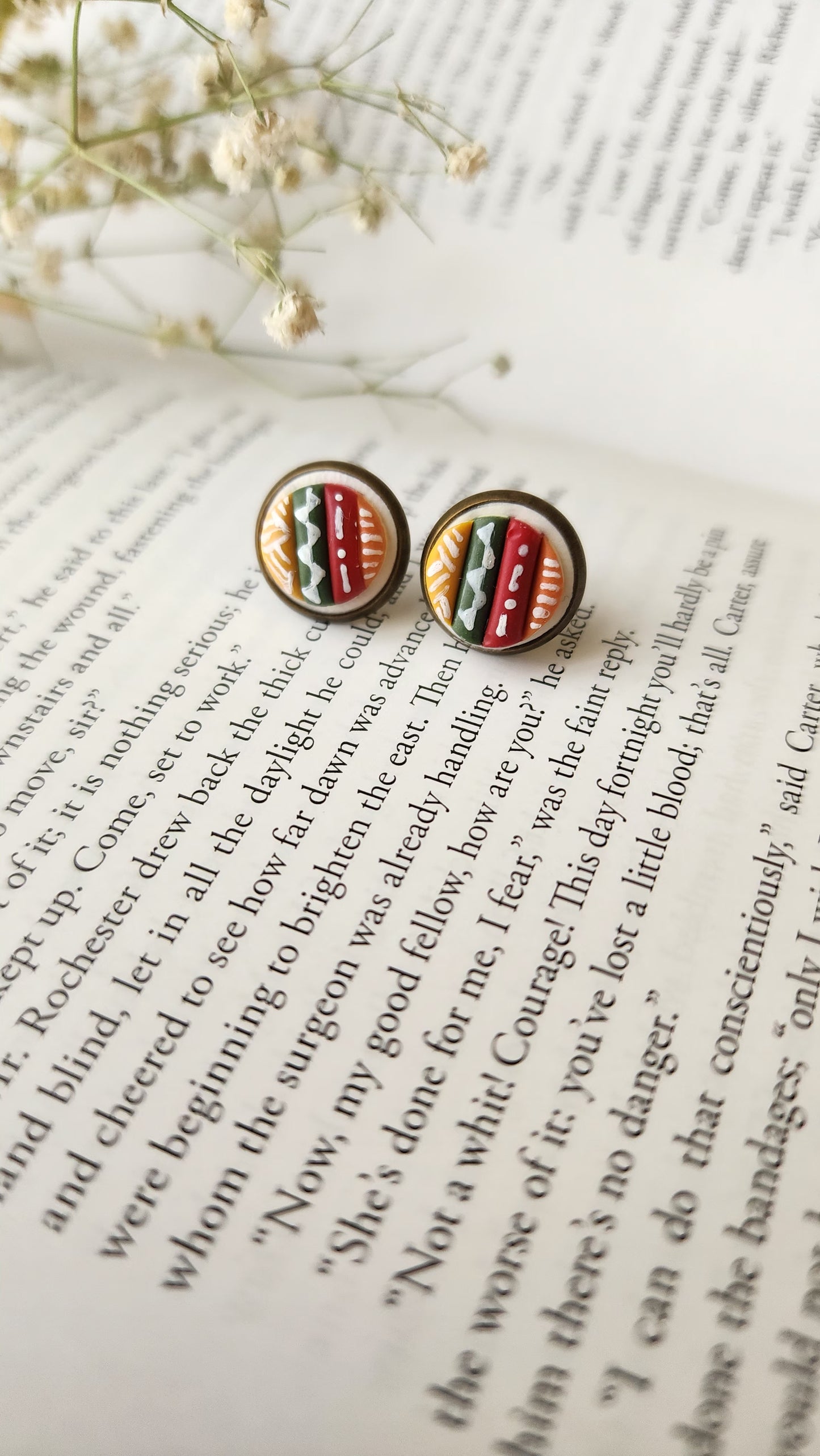 Embroidered Book Spine Earrings| Handmade Polymer Clay Studs