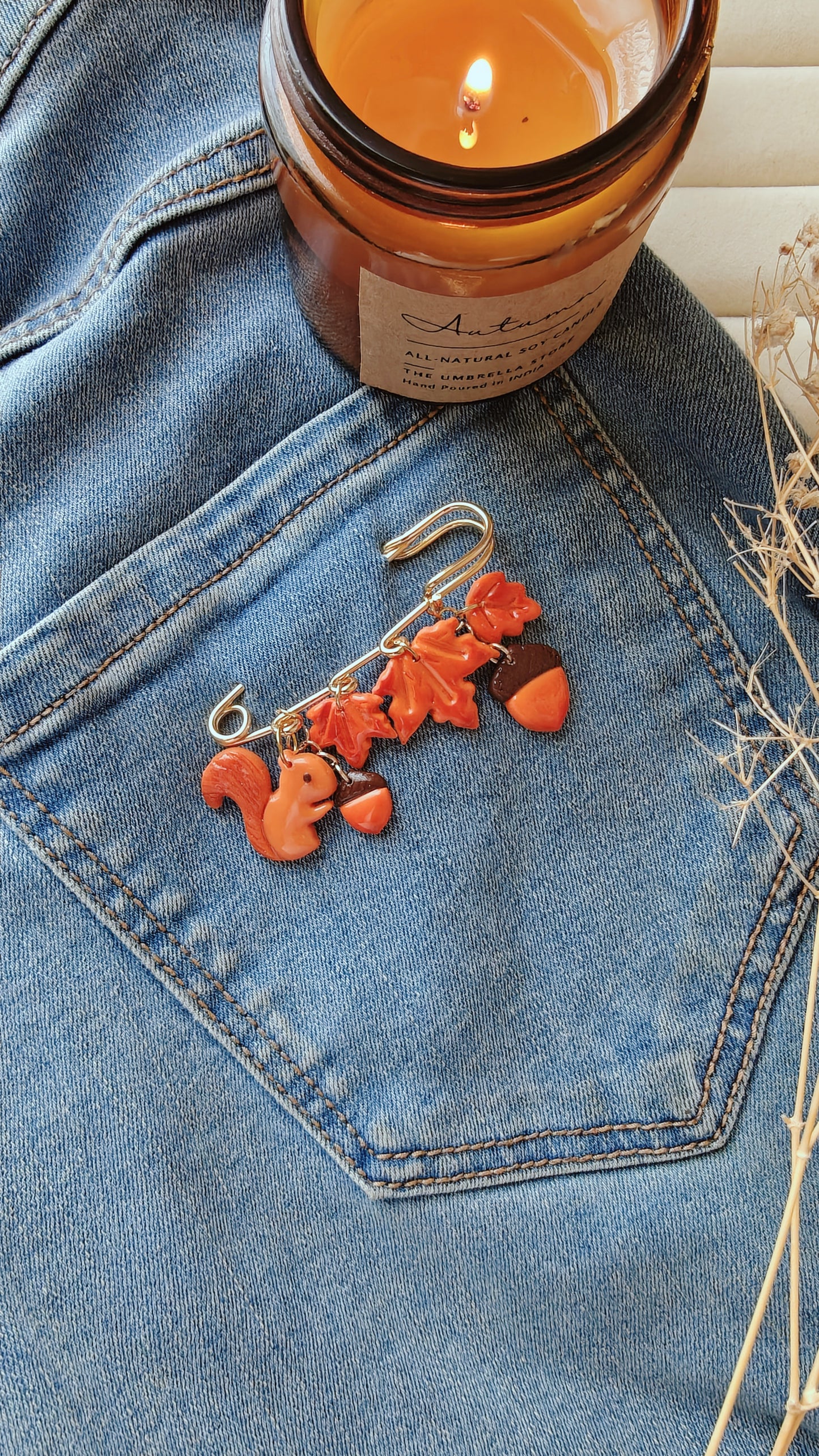 Squirrel & Leaves Autumn Brooch Pin