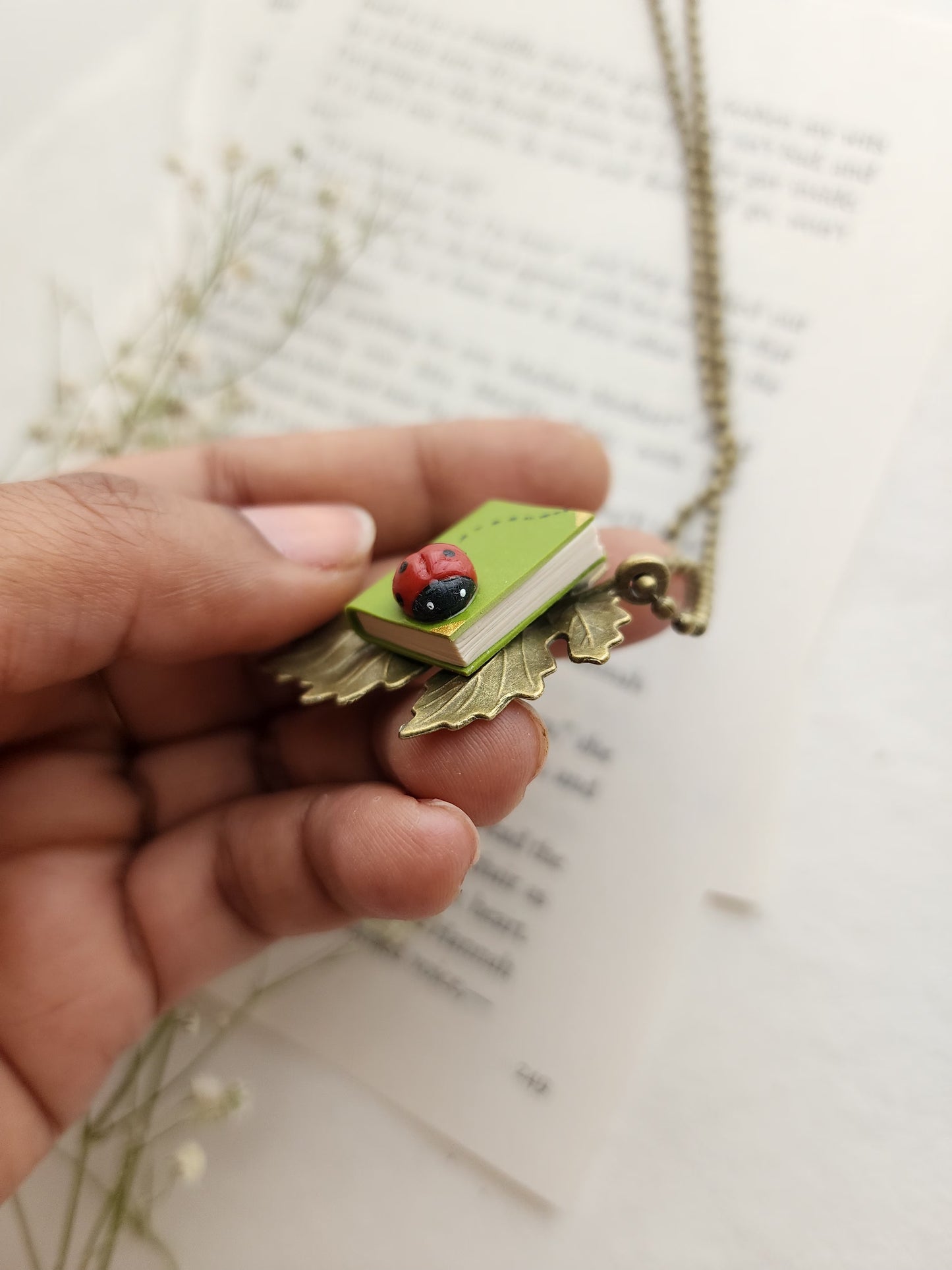 Leaf Pendant with Mini Book & Ladybug