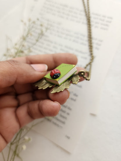 Leaf Pendant with Mini Book & Ladybug