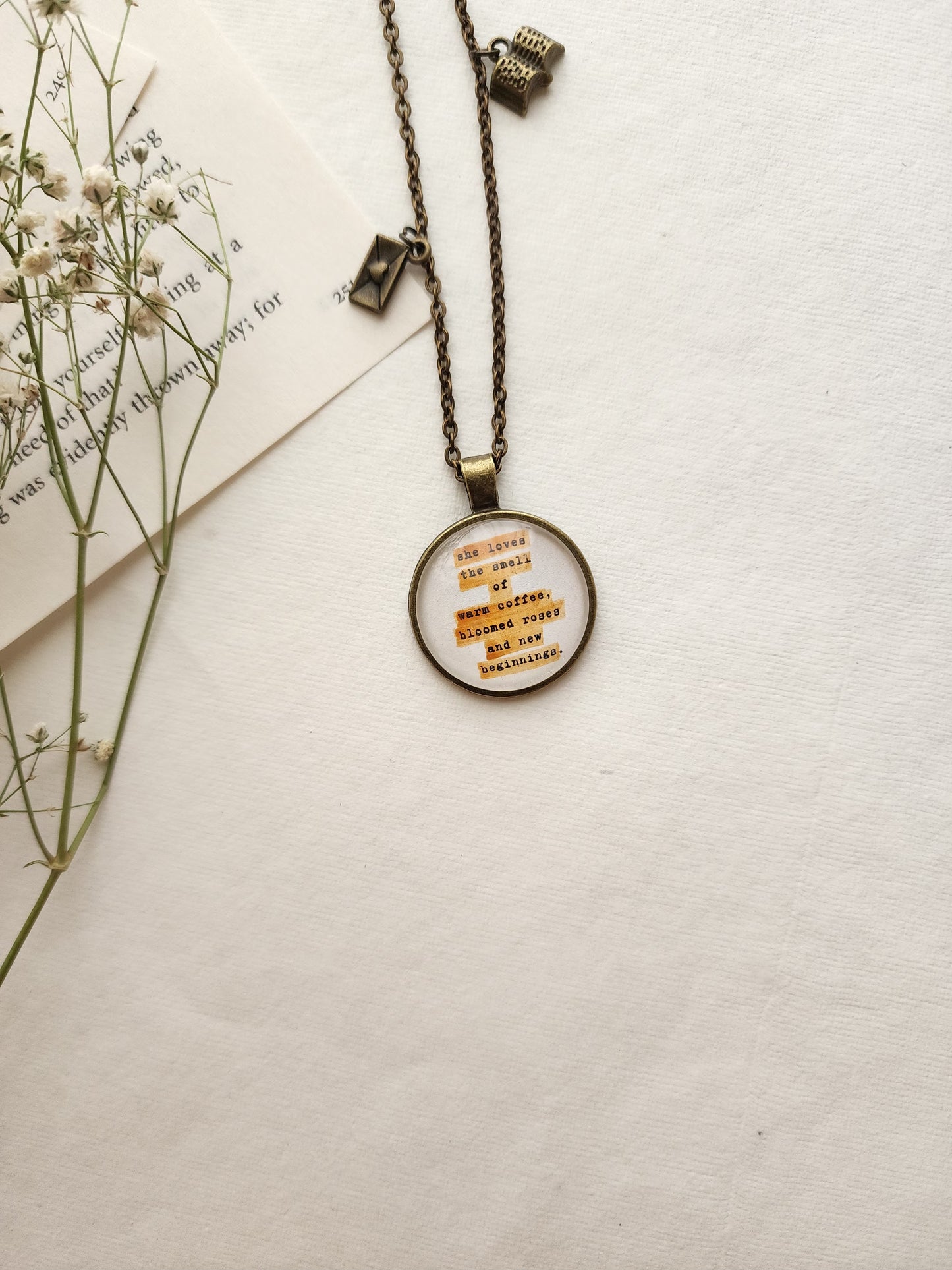 "she loves the smell of coffee...” Pendant | Bookish Quote Necklace for Readers