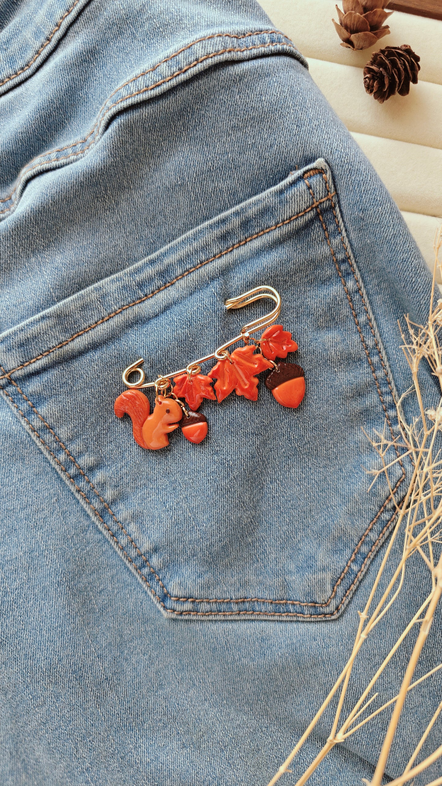 Squirrel & Leaves Autumn Brooch Pin