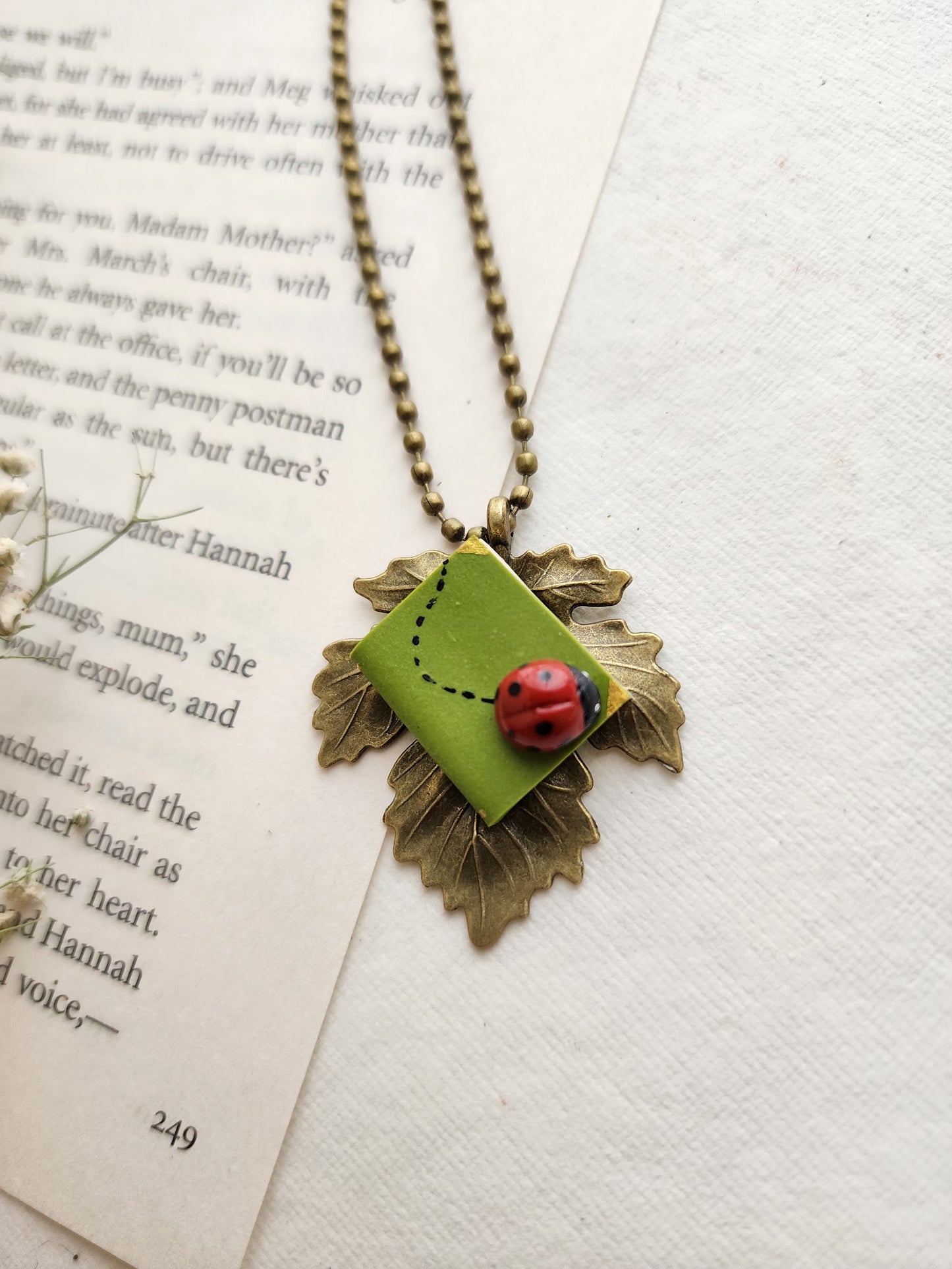Leaf Pendant with Mini Book & Ladybug