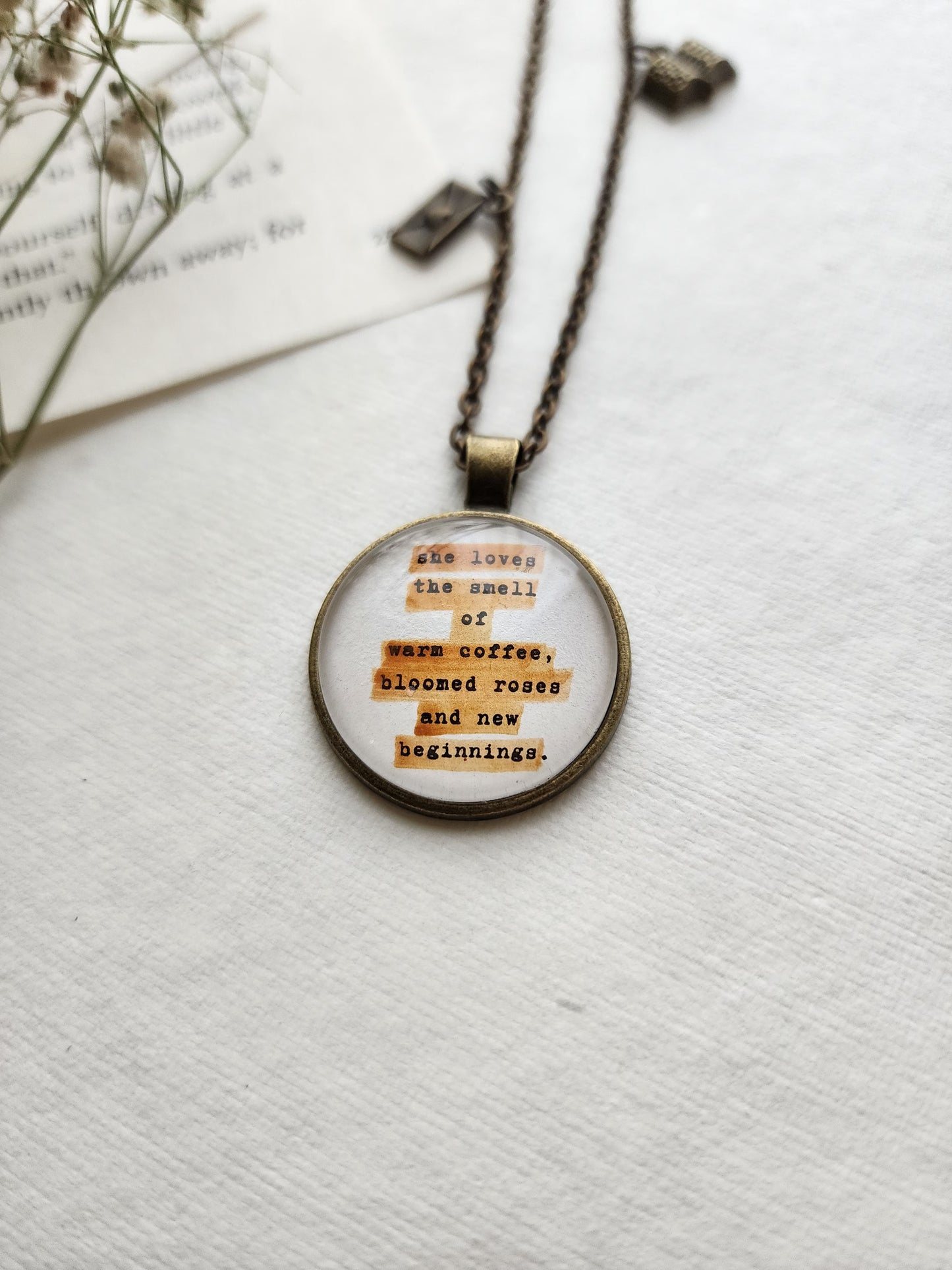 "she loves the smell of coffee...” Pendant | Bookish Quote Necklace for Readers