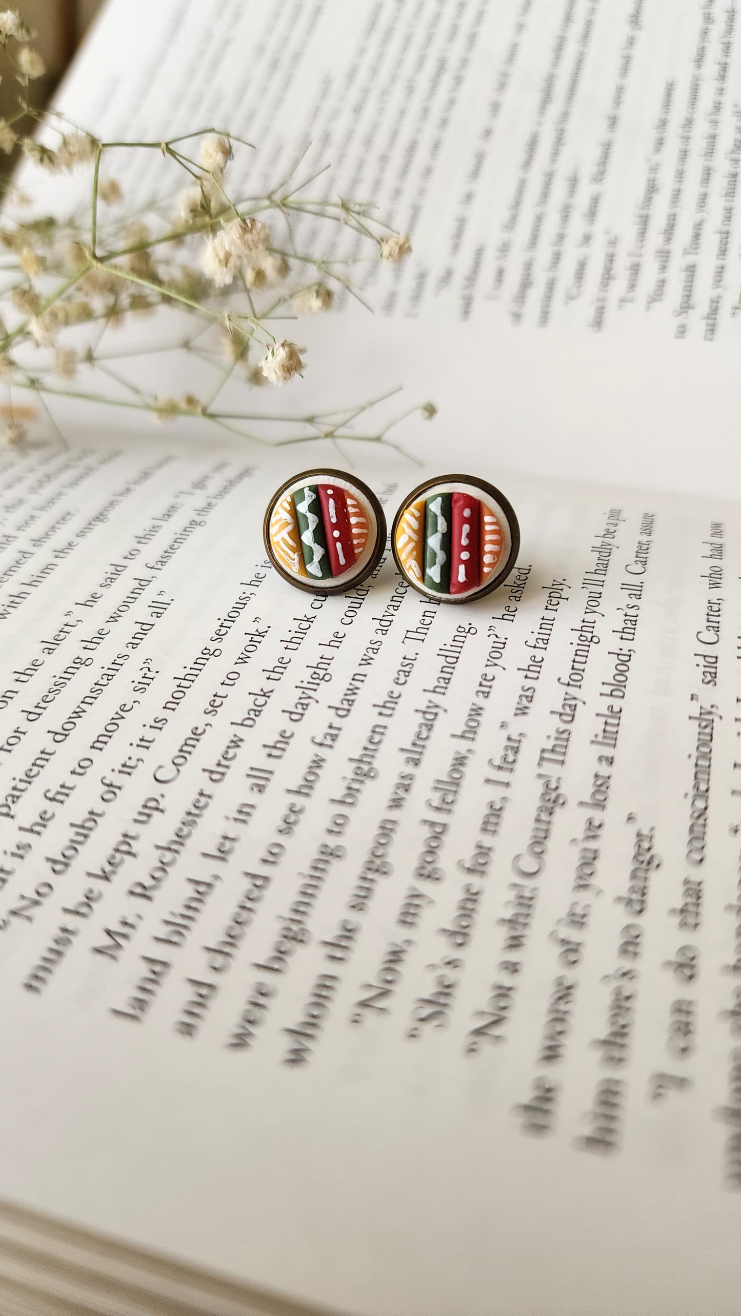 Embroidered Book Spine Earrings| Handmade Polymer Clay Studs