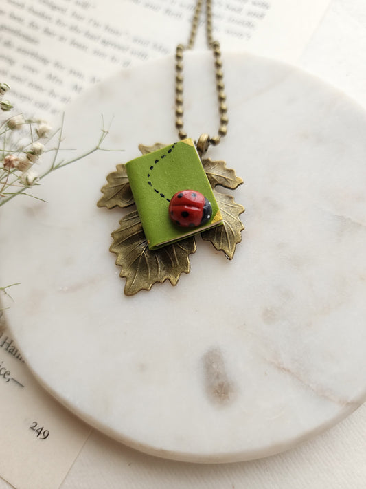 Leaf Pendant with Mini Book & Ladybug
