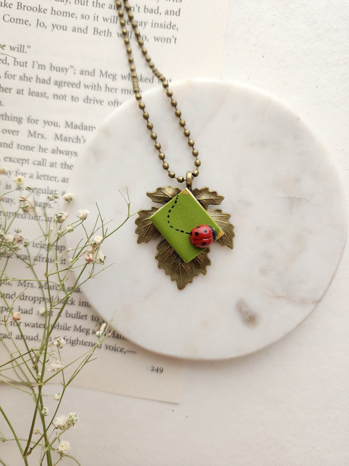 Leaf Pendant with Mini Book & Ladybug