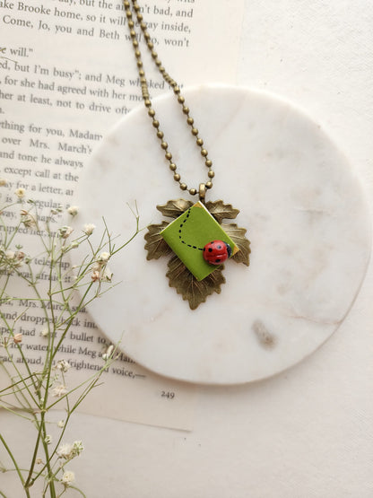 Leaf Pendant with Mini Book & Ladybug